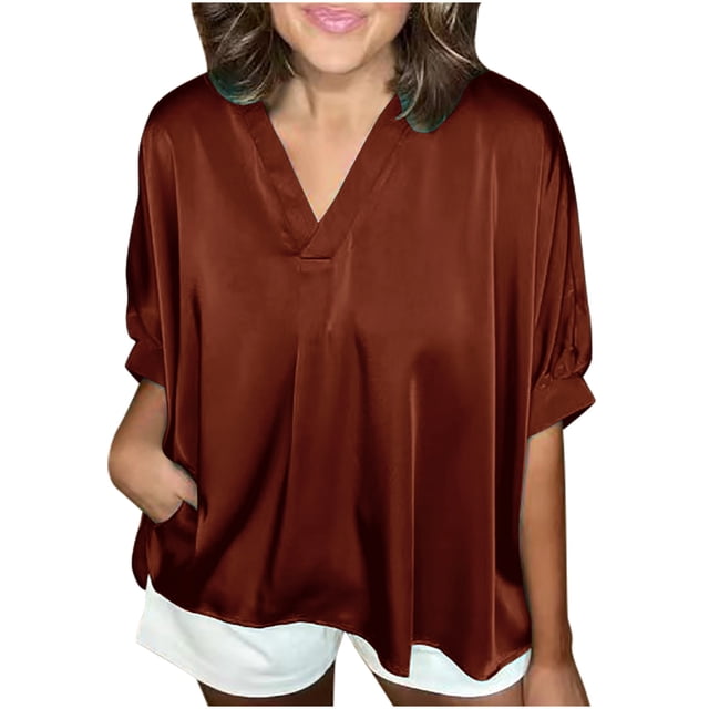 Timegard Oversized Tops for Women Satin V-Neck Short Sleeve Solid Color Work Casual Loose Tops Blouse