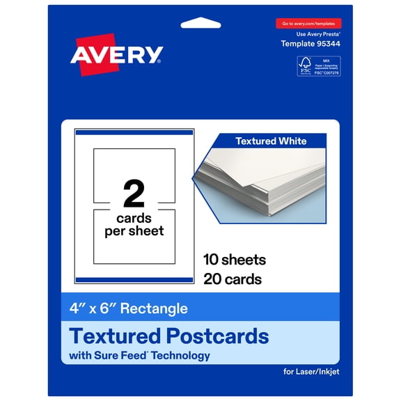 Avery Rectangle Postcards , 4" x 6", Textured Matte, 20 Total