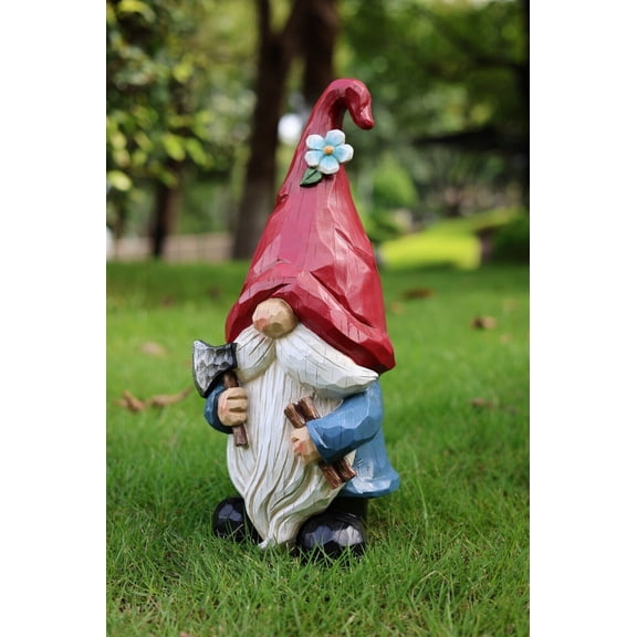 14in Garden Gnome Chopping Wood Funny Garden Statue Home Backyard Decor