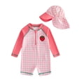 thumbnail image 1 of Toddler Girls Rash Guard Swimsuit with Sun Hat Strawberry Embroidery Plaid Print Long Sleeve Baby Bathing Suit UV Protection, 1 of 9