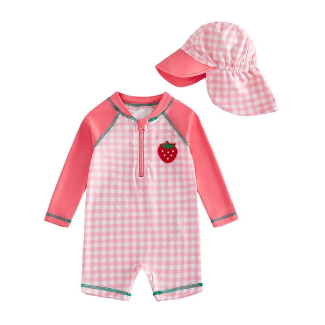 Toddler Girls Rash Guard Swimsuit with Sun Hat Strawberry Embroidery Plaid Print Long Sleeve Baby Bathing Suit UV Protection