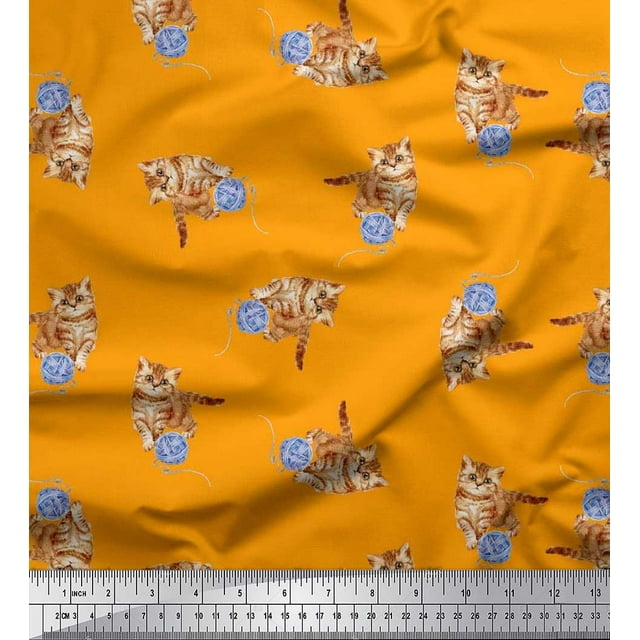 Soimoi Crepe Silk Fabric Wool & Cat Animal Print Fabric by Yard 42 Inch Wide