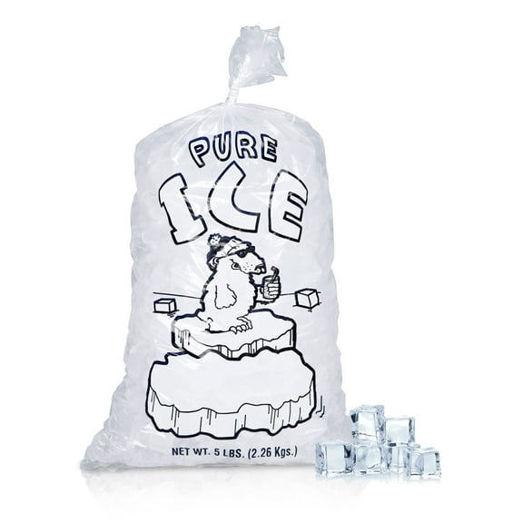 Pack of 1000 Plain Top Ice Bags with Twist Ties 9 x 18. Pure Ice Printed Bags 9x18. Thickness 1.5 mil. 5 lbs. BPA Free Food Grade Safe Plastic Ice Bags.