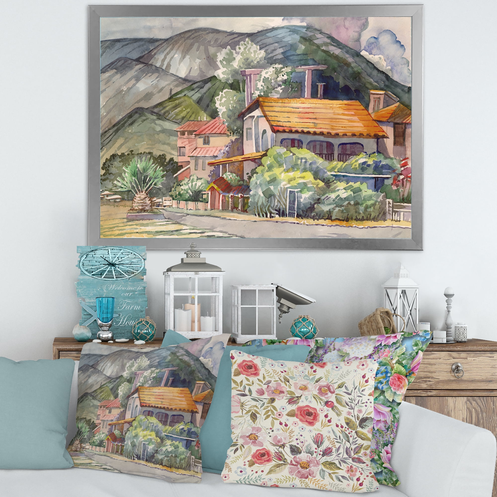 Designart 'Greek Mountains Landscape Off The Coast Of The Aegean Sea ' Traditional Framed Art Print