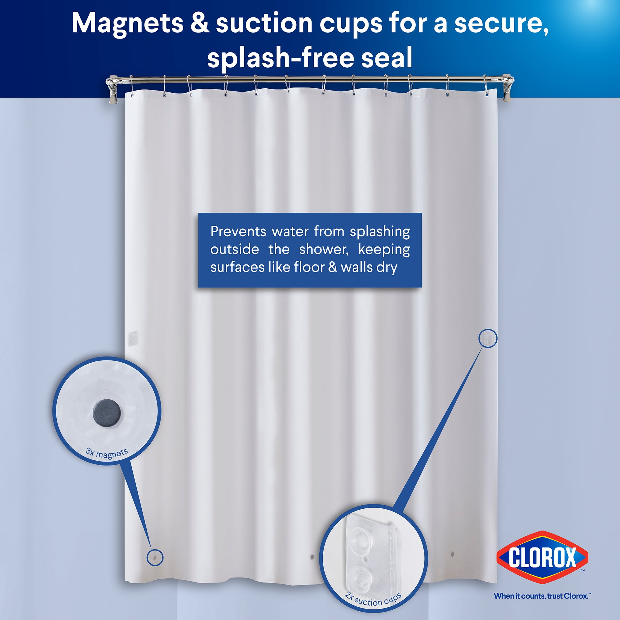 Clorox Shower Curtain Liner Heavyweight Waterproof PEVA with Metal Grommets 72" x 72" Frosty