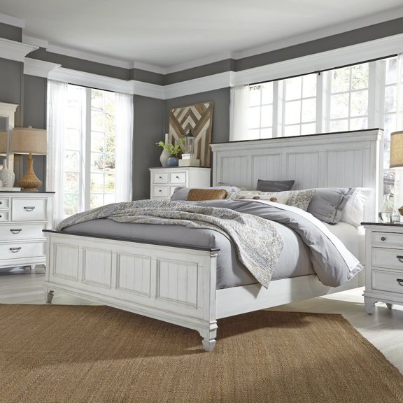 Liberty Furniture Industies, INC Queen Panel Bed, Dresser & Mirror, Chest, Night Stand - White w/ Charcoal Tops