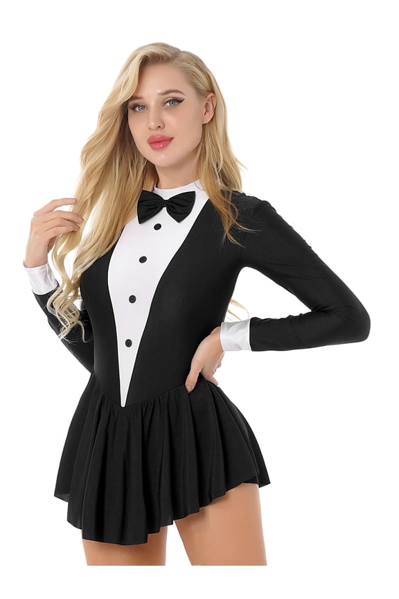 Women's Contrast Color Dance Costume Tuxede Bownot Dance Wear Long Sleeve Cosplay Dance Black XL