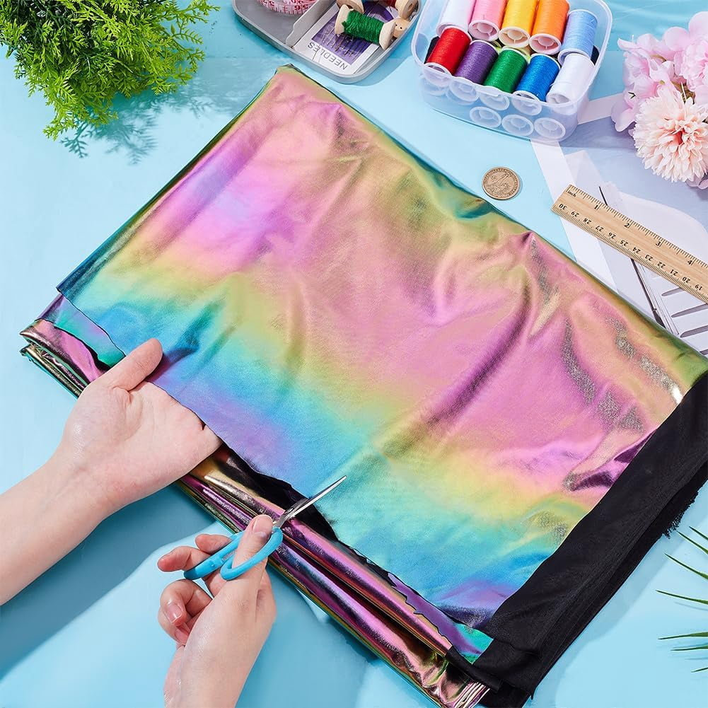 2.19 Yards Metallic Foil Lame Spandex Fabric 60.63 Inch Wide Rainbow 4-Way Stretch Iridescent Hologram