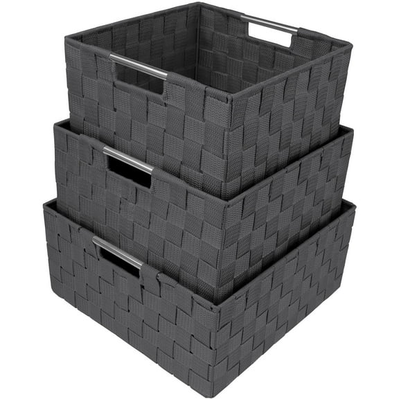Sorbus Storage Box Woven Basket Bin Container Tote Cube Organizer Set Stackable Storage Basket Woven Strap Shelf Organizer Built-In Carry Handles (Woven Basket Set - 3 Piece, Gray)