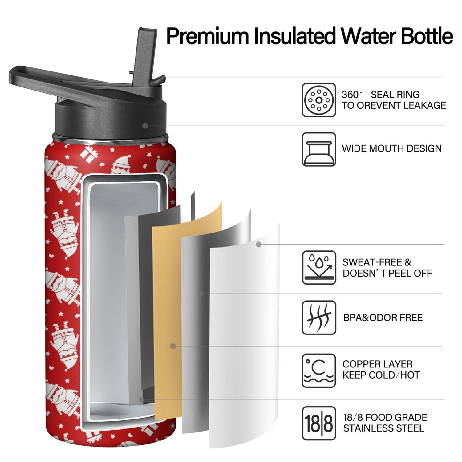 Christmas 18 oz Insulated Stainless Steel Water Bottle with Straw & Cleaning Brush , Leakproof, BPA-Free, 304 Stainless Steel, Wide Mouth, Travel Mug for Car, Gym, Office