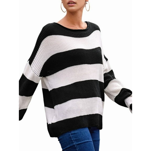 Women'S Striped Knitted Pullover Crew Neck Fall Winter Sweater Long Sleeve Color Block Jumper Black XXL