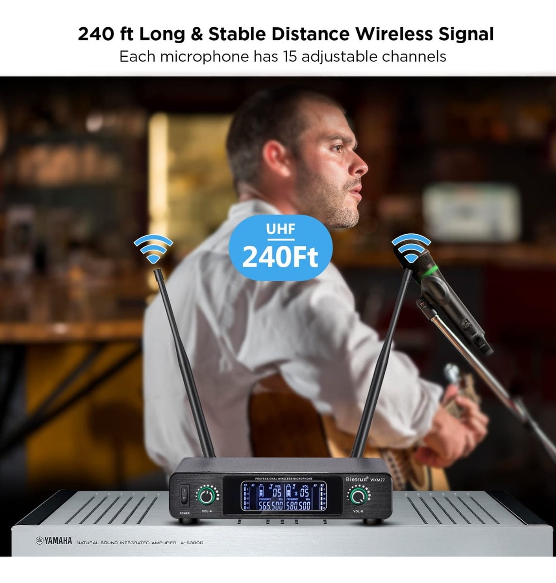 Bietrun Wireless Microphone, Rechargeable Metal Dual UHF Cordless Dynamic Handheld Microphone System for Home Karaoke, Meeting, Party, Church, DJ, Wedding(UHF 240ft Range)(Receiver with Bluetooth)