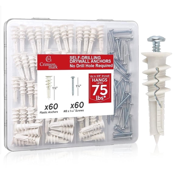 120Pcs #8 Self Drilling Drywall Anchors and Screws kit #8 x 1-1/4”- Superb Wall Anchors for Drywall, Holds upto 75lbs – No Drill Hole Required with These Dry Wall Screws and Anchors