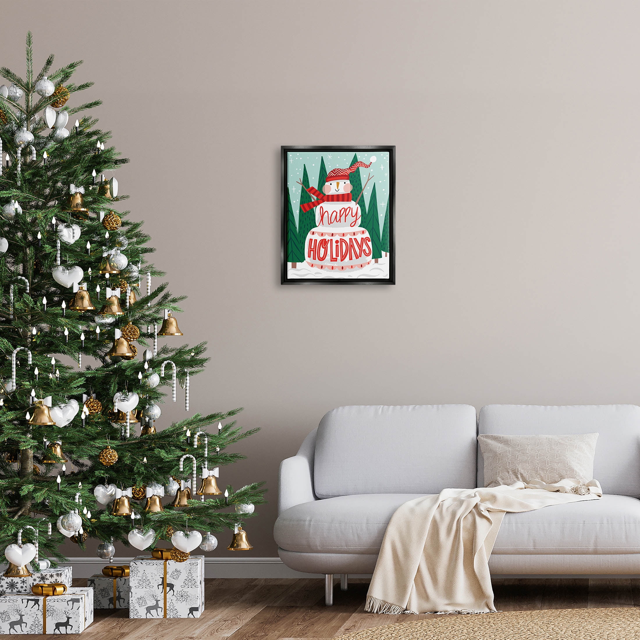 Happy Holidays Happy Snowman Holiday Graphic Art Jet Black Framed Art Print Wall Art
