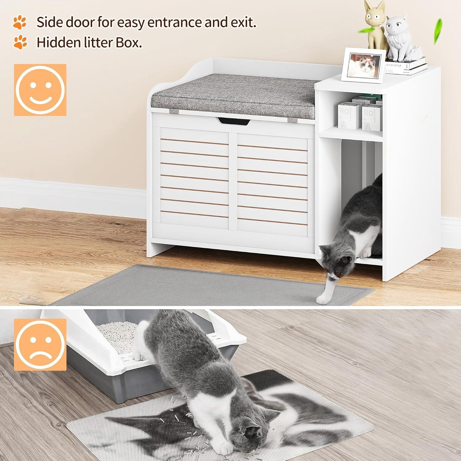 FOLDLIFE Cat Litter Box Enclosure with Top Opening and Cushion, Hidden Cat Litter Box Furniture, Cat Litter Box Cabinet, Cat House, Privacy Wooden Pet Cat Toilet for Kitten,White