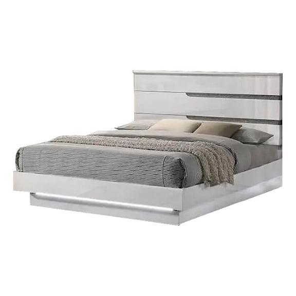 Benjara Peis King Size Bed- LED- Crystal Accents- Modern Design- Glossy White