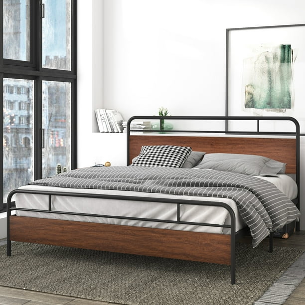 Allewie Walnut King Size Bed Frame With, Vintage King Bed Frame Wood