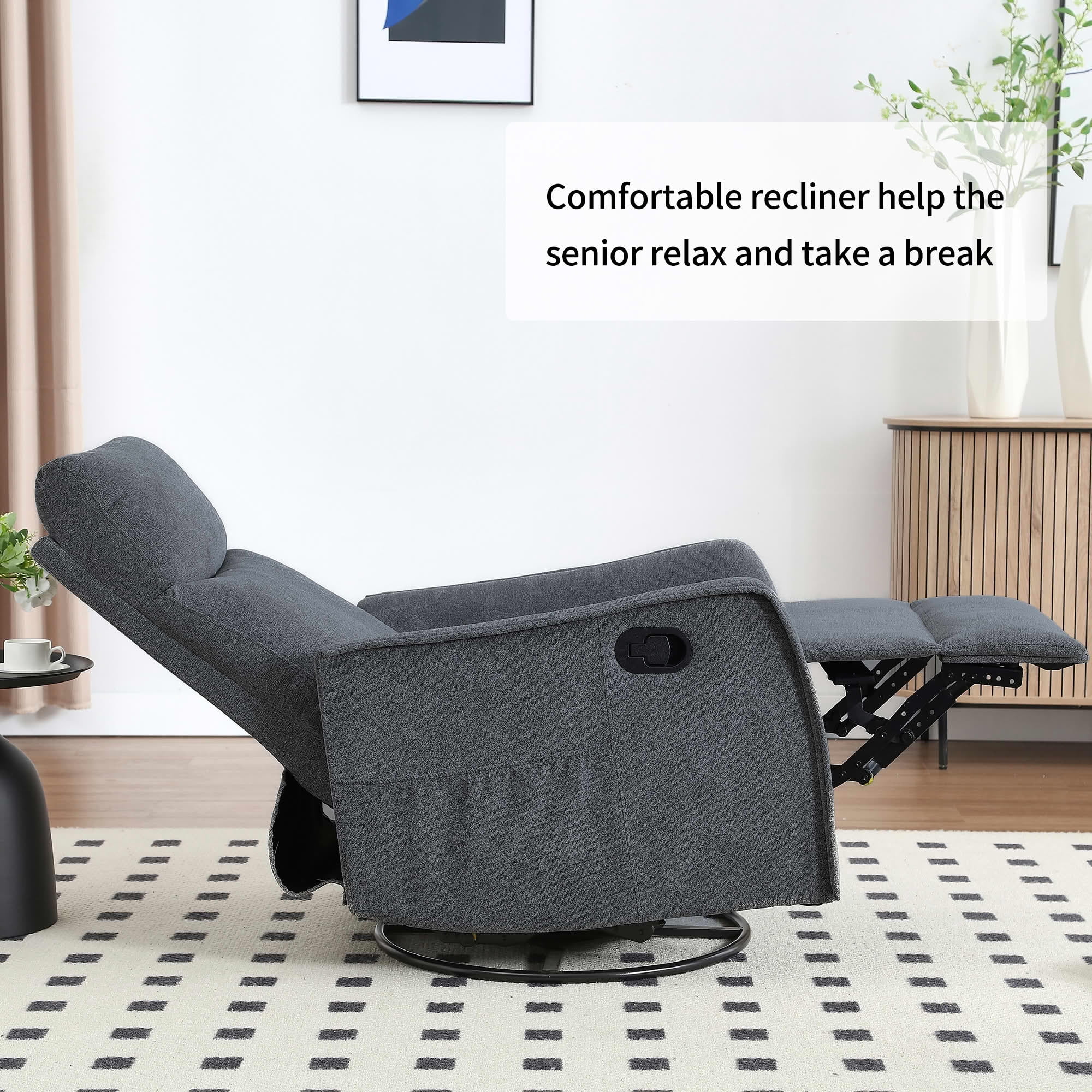 MAYEERTY Dark Grey Heat Massage Recliner Chair, 360° Swivel Rocker 27"x36"x40" for Living Room