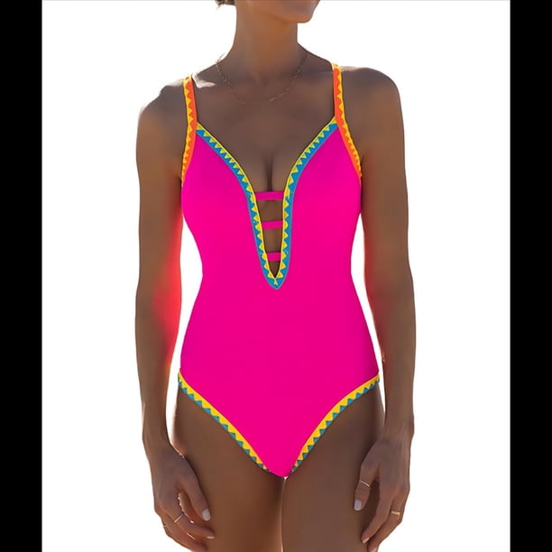 Traje de Baño de una Pieza para Mujer, con Control de Abdomen, Escote en V Profundo, Neón, Traje de Baño con Lazo en la Espalda, Verano 2025. Rosa Roja S