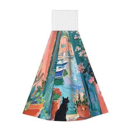 

Sikiie Coastal Cat By The Window Hand Towel with Loop Hanging Towel Absorbent Tie Towels for Kitchen Tea Bar Bathroom Decor