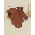 thumbnail image 4 of Musuos Baby Girls Spring Fall Basic Rompers 0-24 Months Long Sleeve Crew Neck Solid Color Ruffle Ribbed Bodysuit, 4 of 10