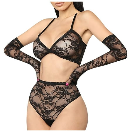 

QWERTYU Womens Sexy Nightwear Lingerie Set with Glove Lace Bra and Panty Set Bralette Set Black L