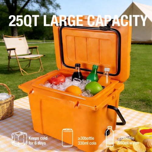 25QT Portable Hard Cooler, Insulated Ice Chest with Bottle Opener & Cup Holder, Built-in Ruler, Ideal for Travel, Beach, Camping, Fishing & Outdoor Activities