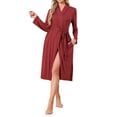 thumbnail image 1 of Bata de baño de manga larga con cuello en V INSPIRE CHIC para mujeres, kimono de punto, ropa de casa ligera, pijama con bolsillos laterales, color rojo vino, 1 of 5