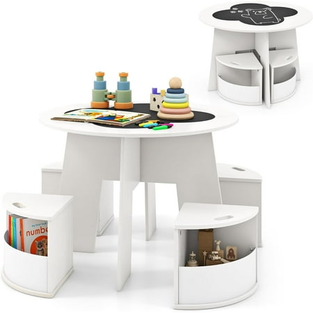 OLAKIDS Toddler Table and Chair Set with 4 Storage Stools Wooden Flower Shaped Nesting Table with Blackboard Drawers Children Multi-Activity Table for Art Crafts Draw Read Boys Girls 3+