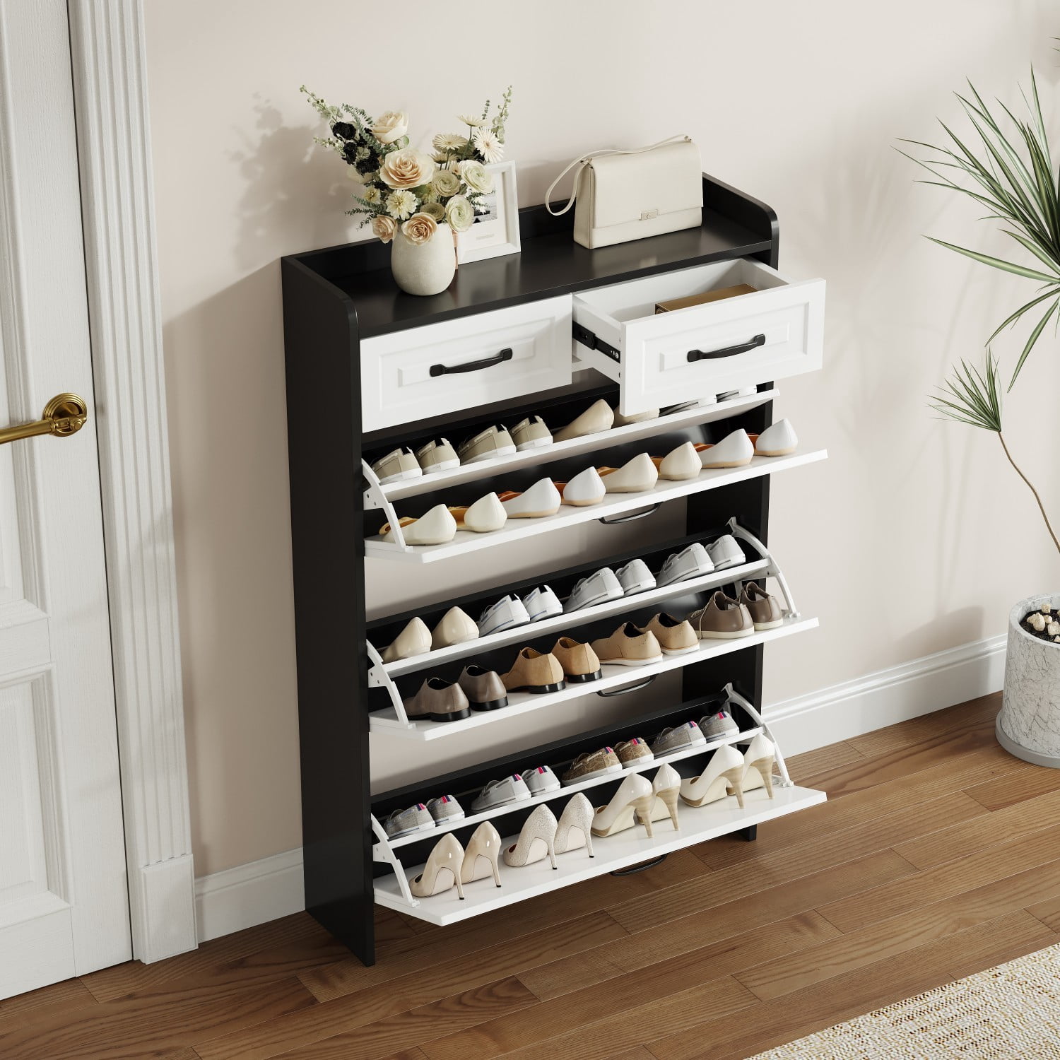 White & Black Shoe Cabinet with 3 Flip Drawers and 2 Storage Drawers, Modern Entryway Shoe Organizer Cabinet