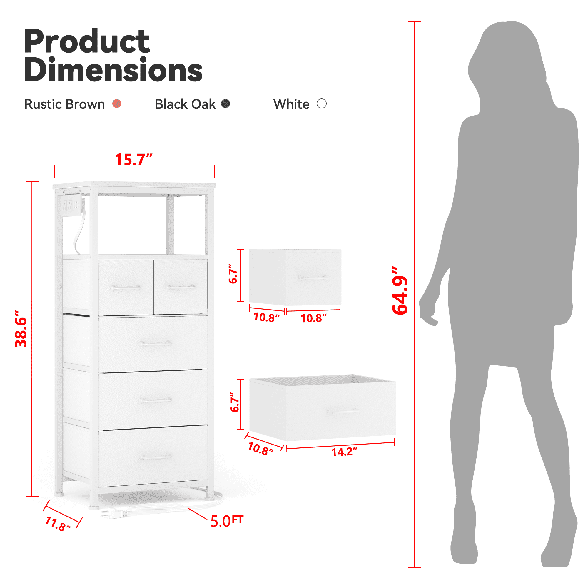 TYDIMOR Small Dresser for Bedroom, 5 Drawer with Charging Station, White, Ideal for Adults