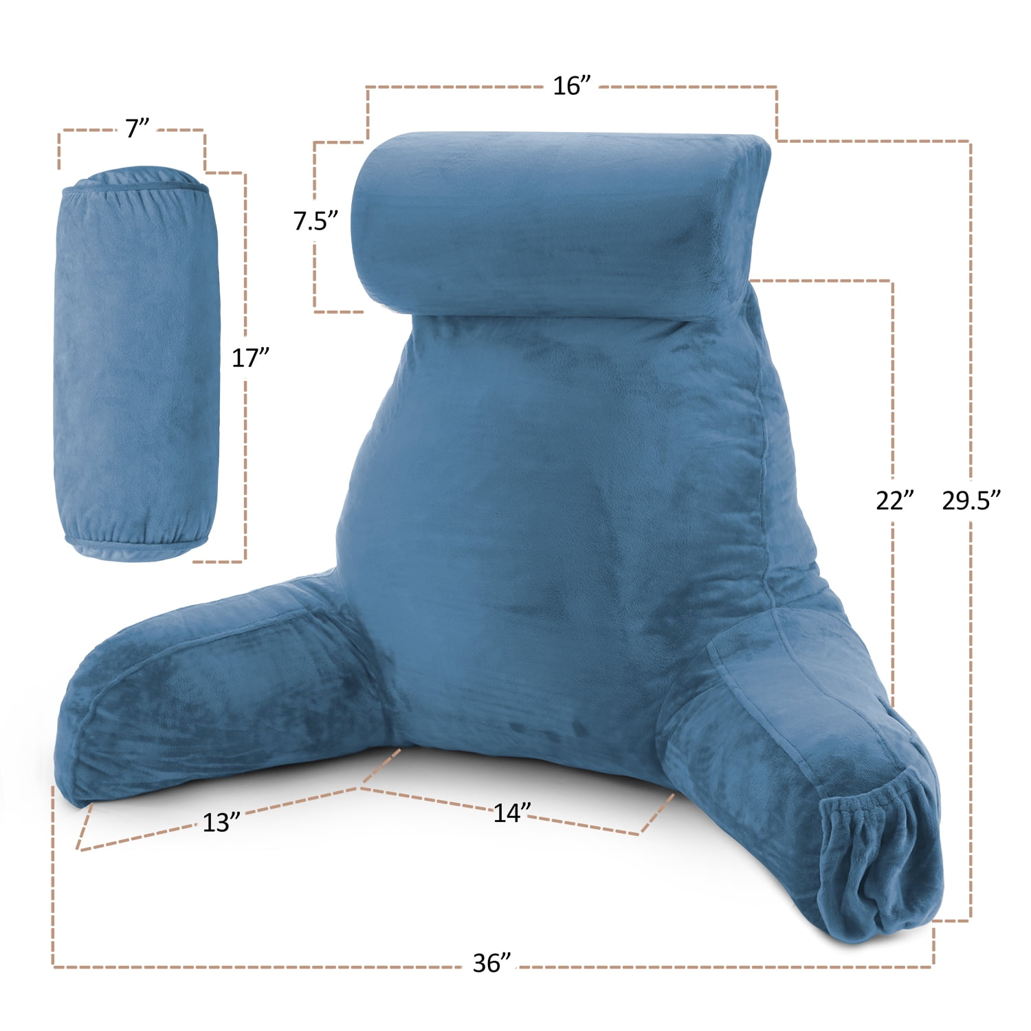 LAMMALOE Reading Pillow , Backrest Pillows with Arms, Plush Back Pillow Detachable Neck Roll, Shredded Memory Foam Bed Rest Pillow, Large, Blue Heaven