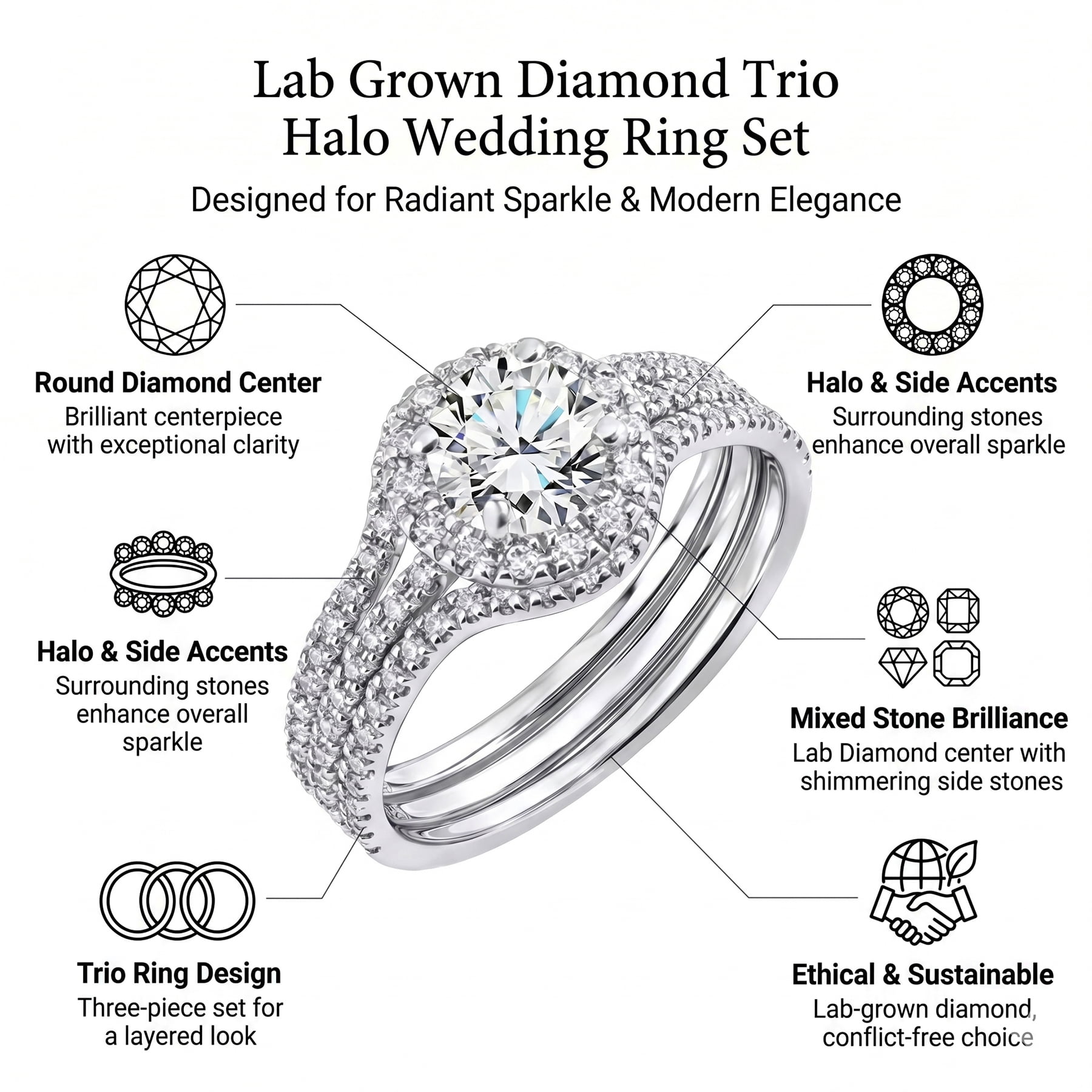 JeenMata 1 Carat Lab Grown Diamond Trio Wedding Ring Set - Round Cut Halo Statement Ring in 18K White Gold Plating for Women