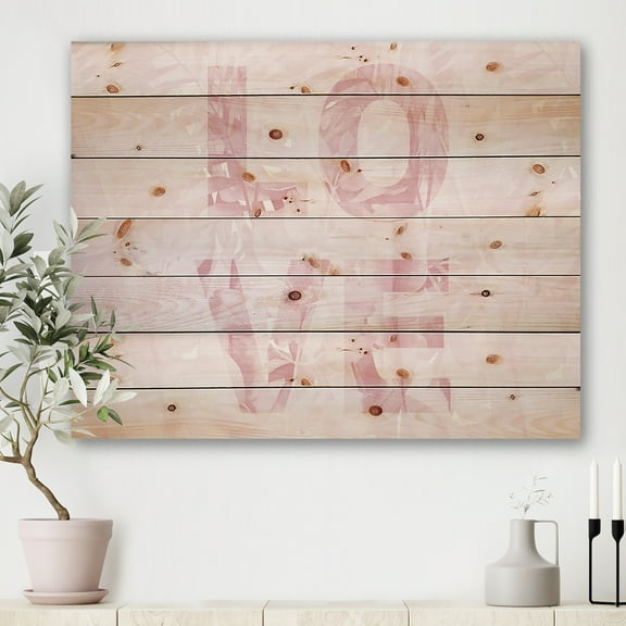 Designart 'Pink Pastel Love Abstract ' Shabby Chic Print on Natural Pine Wood