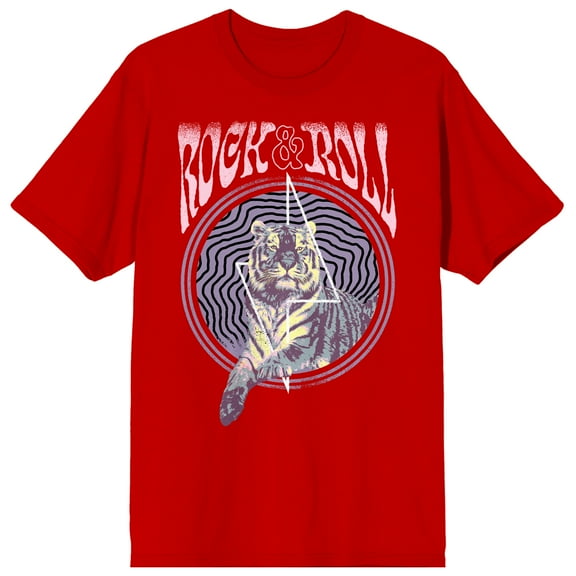 Vintage-Style Rock N Roll Tiger Men's Red Short Sleeve Crew Neck Tee-Medium