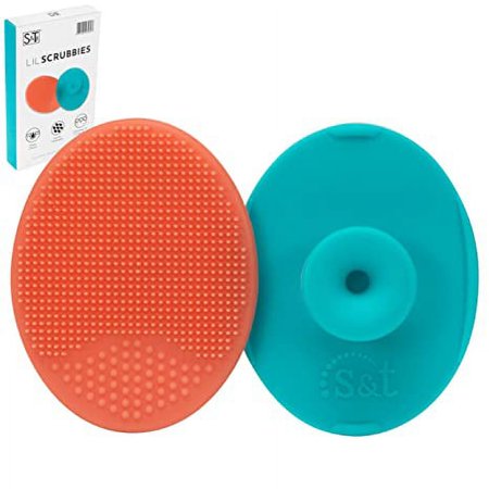S&T INC. Lil' Scrubbies Facial Cleansing Brush and Deep Pore Cleanser for All Skin Types, Coral/Teal, 2 Count