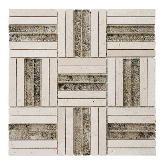 Modket TDH361NS Beige Cream Marble Stone Gold Sand Glass Parquet Mosaic Tile Wall Backsplash