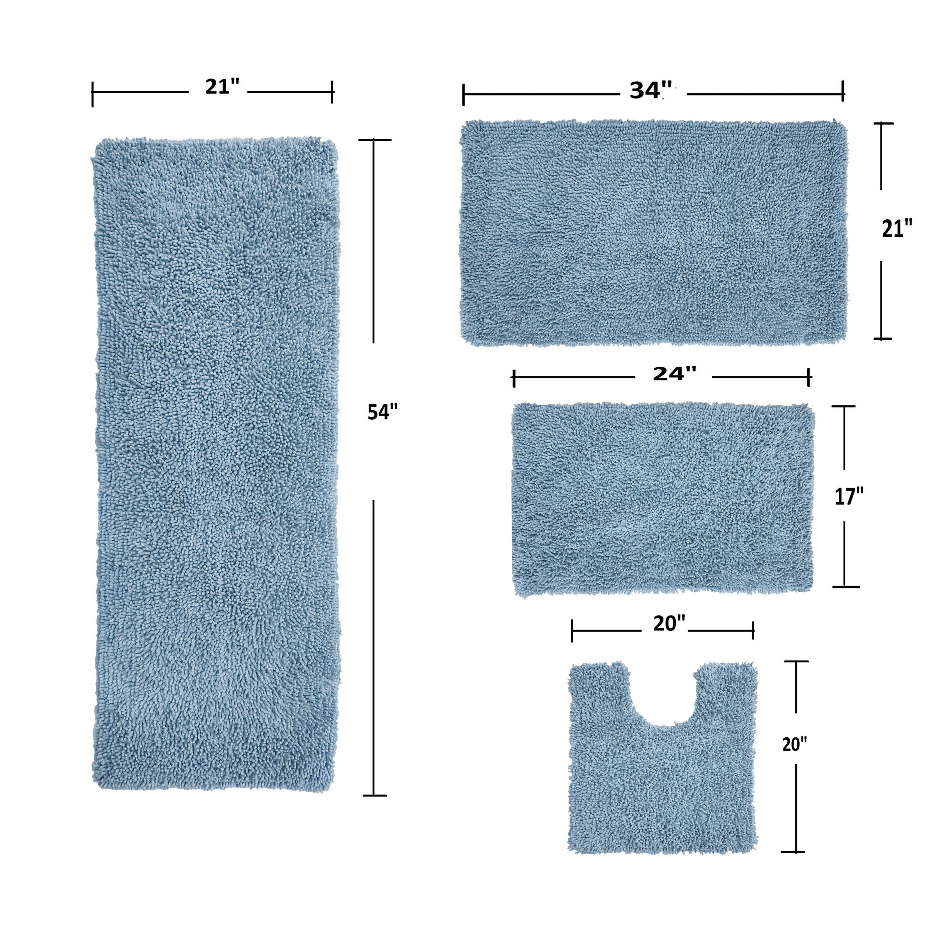 Home Weavers Fantasia Bath Rug 100% Cotton Non-Slip Bathroom Rug Set Machine Washable Bathroom Rug, Bath Rug, U Shaped Contour, Runner, Blue Color 4 Piece Bath Rug set