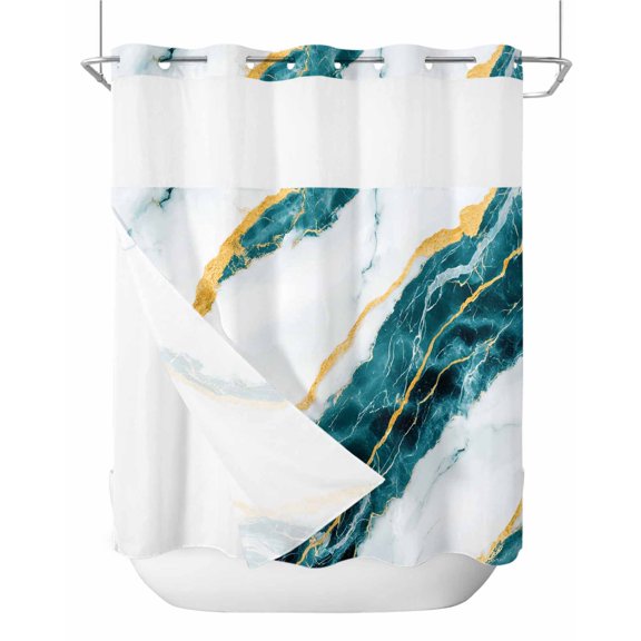 No Hook Shower Curtain with Snap-in Liner, Marble Turquoise Waterproof Fabric Bathroom Curtains, Gold Foil Ceramic Style Crack Scratch Bath Curtains & Mesh Top Window Standard 72''x72''