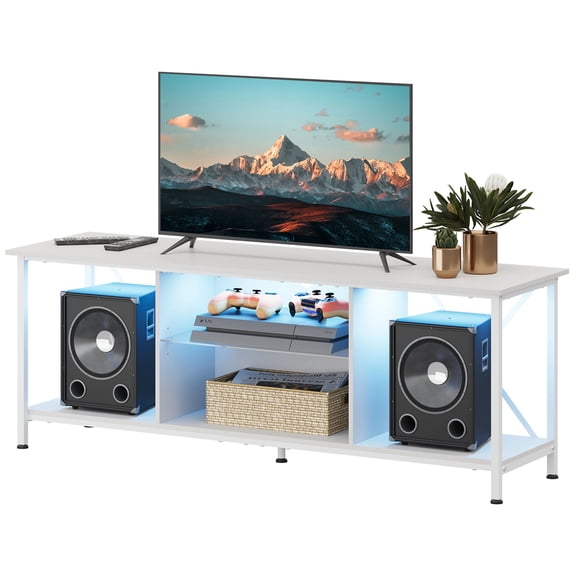 GALAXHERO 55" Entertainment Center TV Stand for 65 Inch TVs, Industrial TV Console with LED Lights & Glass Shelves, Spacious Storage Media Cabinet for Living Room & Bedroom,White