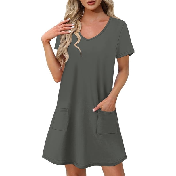 Vestido Corto de Verano de Moda de Color Sólido Vestido Casual de Cuello en V de Manga Corta, Desgaste Ligero de Poliéster para las Mujeres, Lavado de Manos