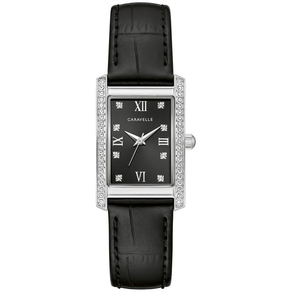 Caravelle by Bulova Women's Crystal Accent Black Leather Strap Watch - 43L222