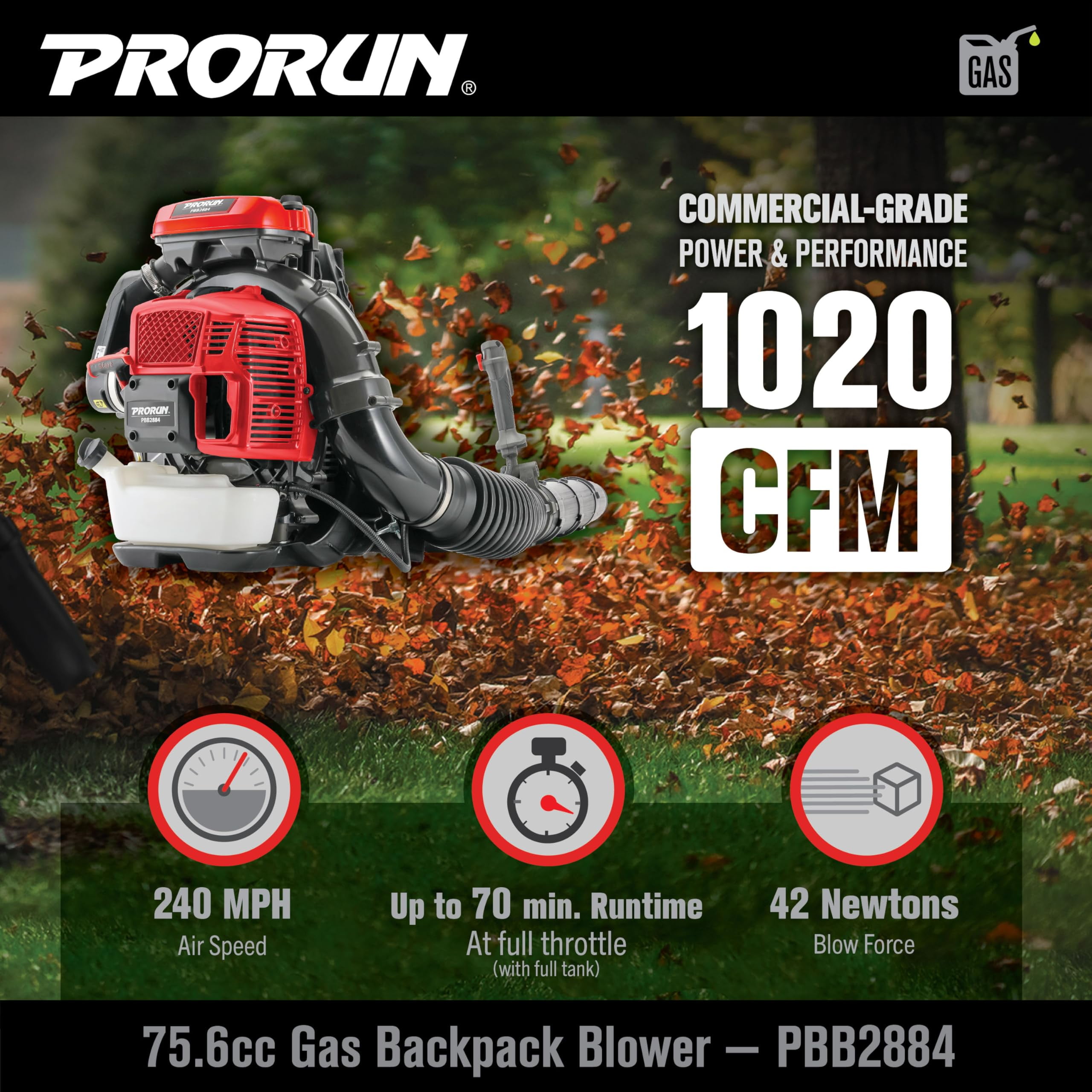 PRORUN 75.6cc 1020 CFM 240 MPH Gas-Powered 2-Cycle Backpack Leaf Blower