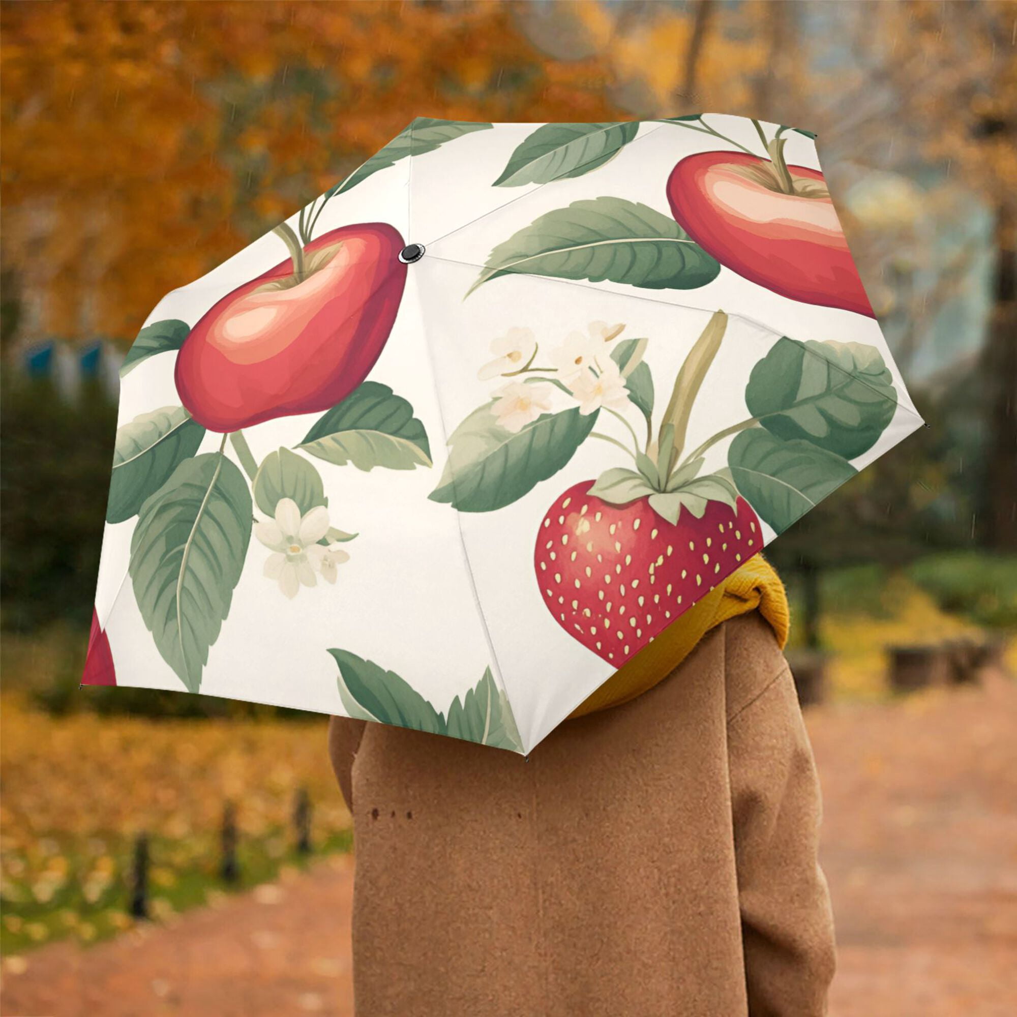 FORMRS Travel Umbrella Folding Auto Open Close Windproof Rain UV Protection, Apples Flower Pattern
