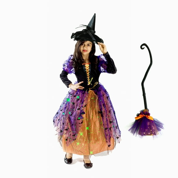 MONIKA FASHION WORLD Witch Costume for Girls Black Hat Skirt Lights up Free BROOM (Small (4-6))