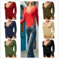 thumbnail image 4 of Women's Basic T-Shirt Bodysuit V Neck Thong Back Cotton Knit Long Sleeve Pure Color For Club Beach Party Cocktail Party Evening, 4 of 6