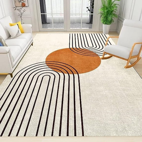 Boho Orange Area Rug, Mid Century Modern Abstrac Art Line Minimalist Rugs Mats, Vintage Washable Soft Fluffy Large Floor Carpet For Kids Bedroom Living Room Office 4' x 6'