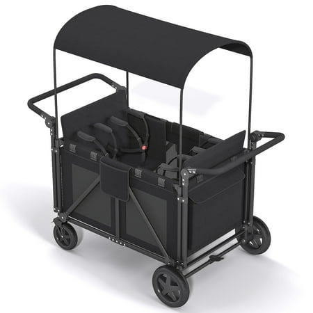Muhub Children Wagon Stroller,4 Seater Stroller Wagon,5-Point Harnesses, Adjustable Canopy, Black