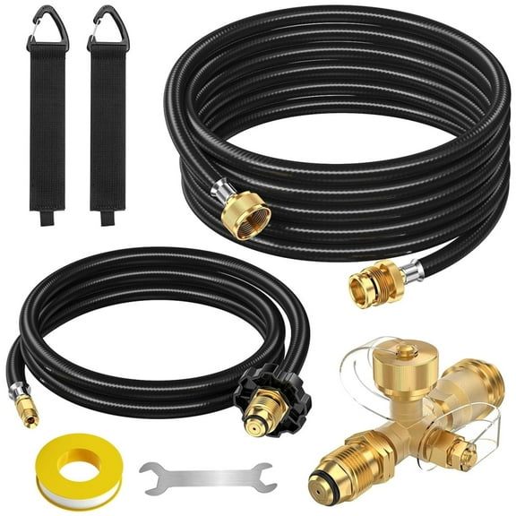 Extend a Stay RV Propane Kit, Propane Brass Tee Adapter Kit 4-Port with 5 ft and 12 ft Propane Hoses for Motorhomes Tank RV Camping, Connecting Auxiliary Propane Bottles and Appliances