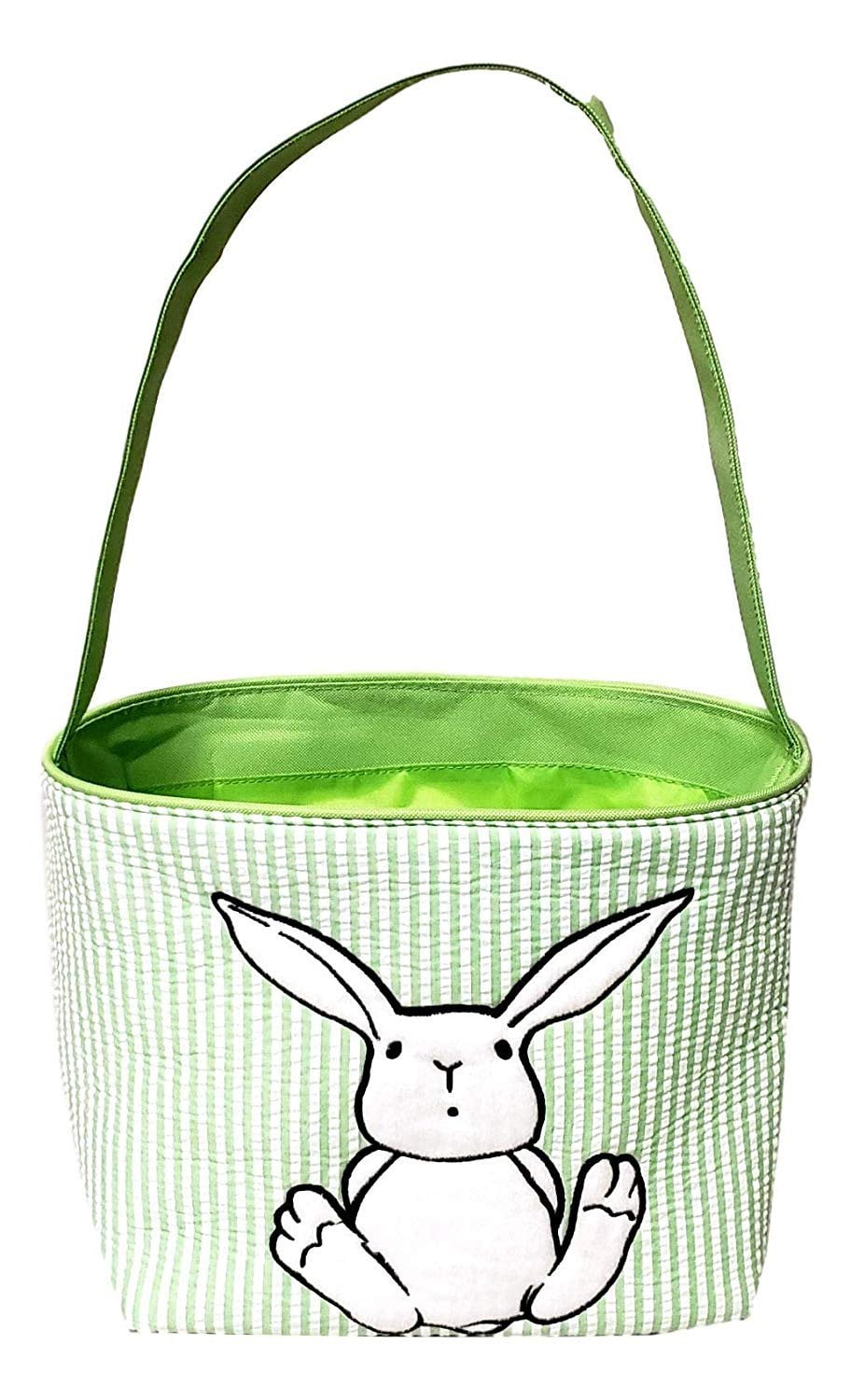 Toys Egg Collecting Black - Embroidered Name EMB Seersucker Stripe Fabric Easter Basket Bucket Tote Bag